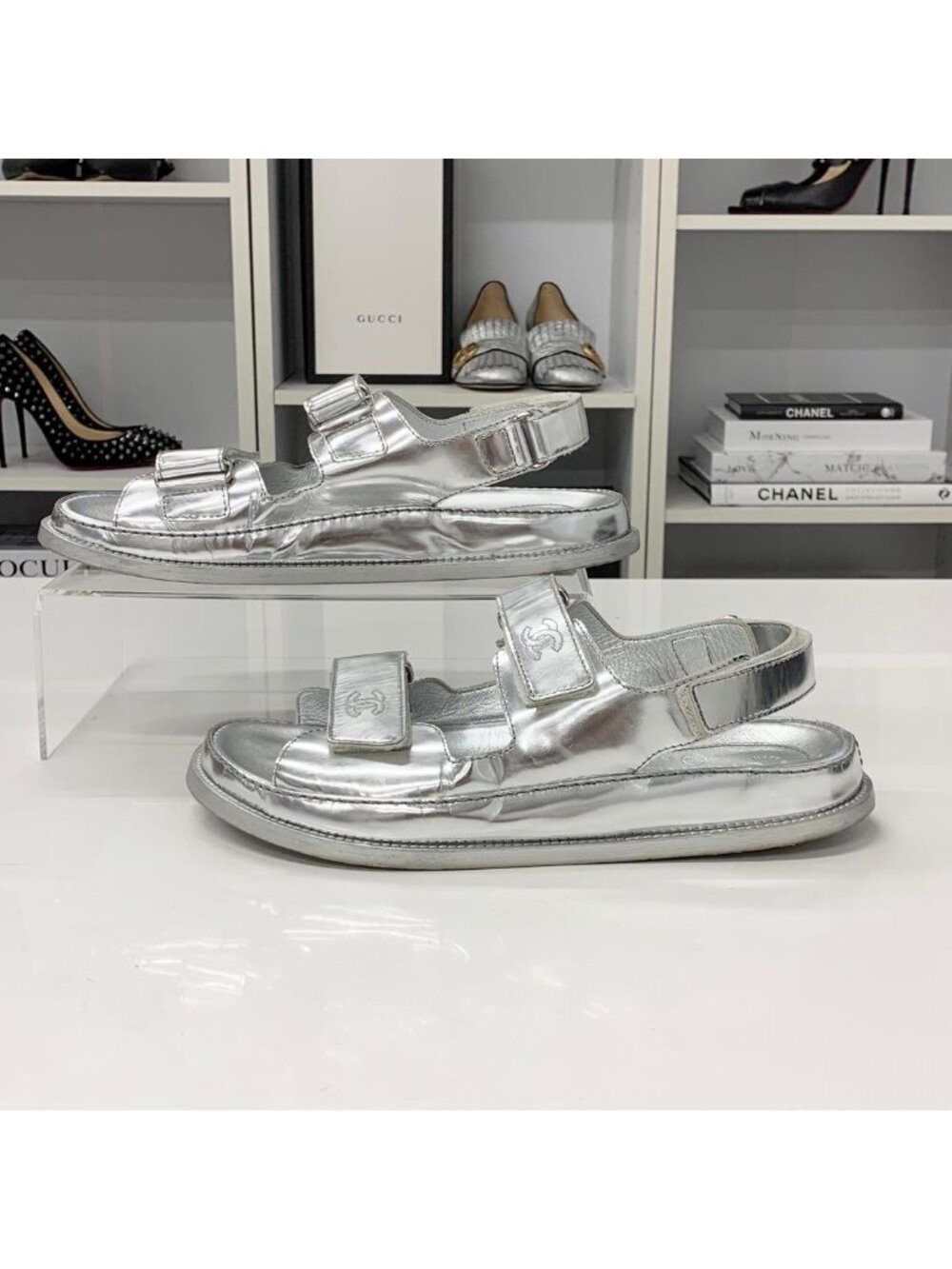 Chanel Leather CC Logo Velcro Sandals Silver - Picture 3 of 10